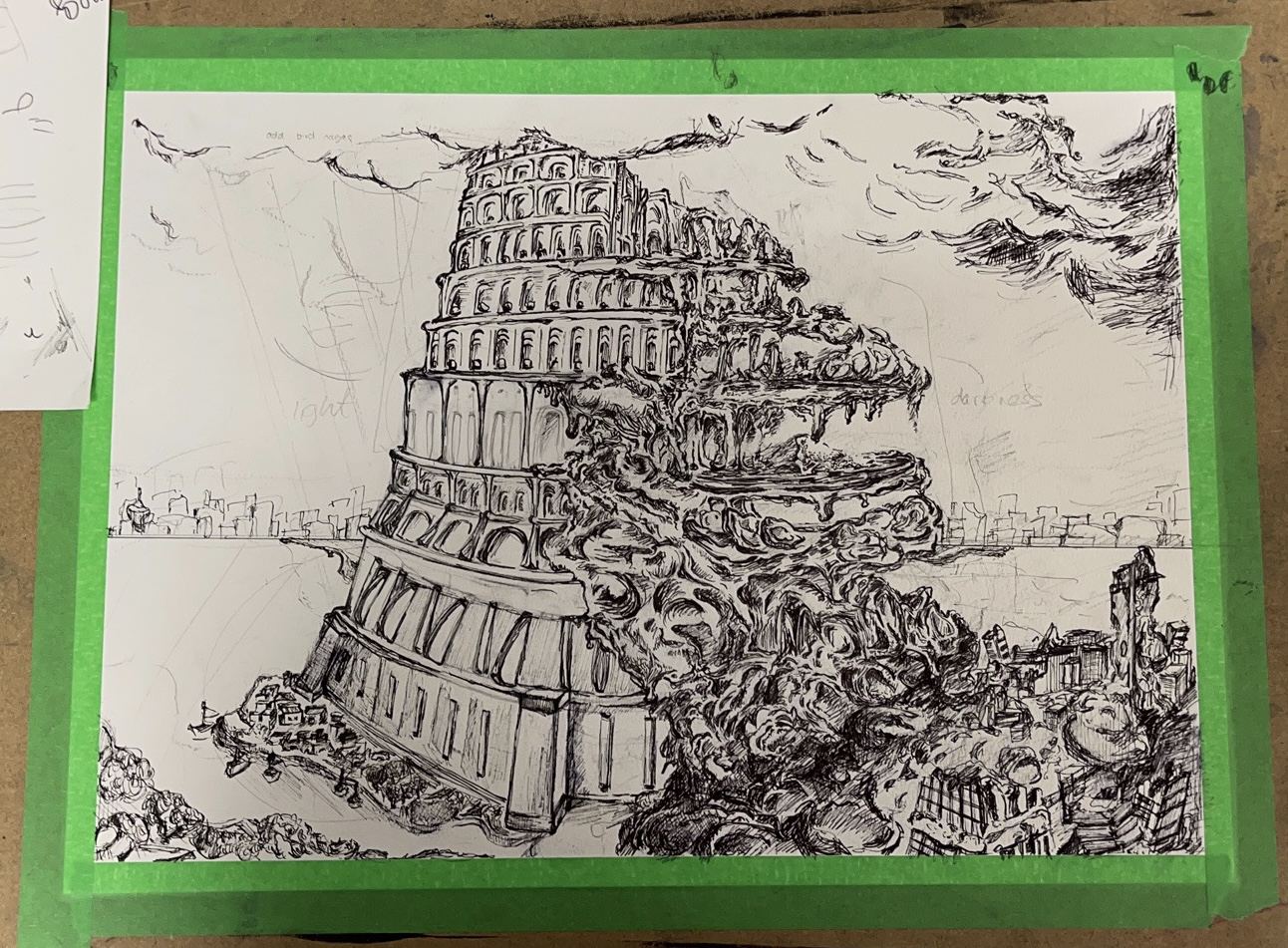 Detailed pen drawing of the Tower of Babel taped to a board