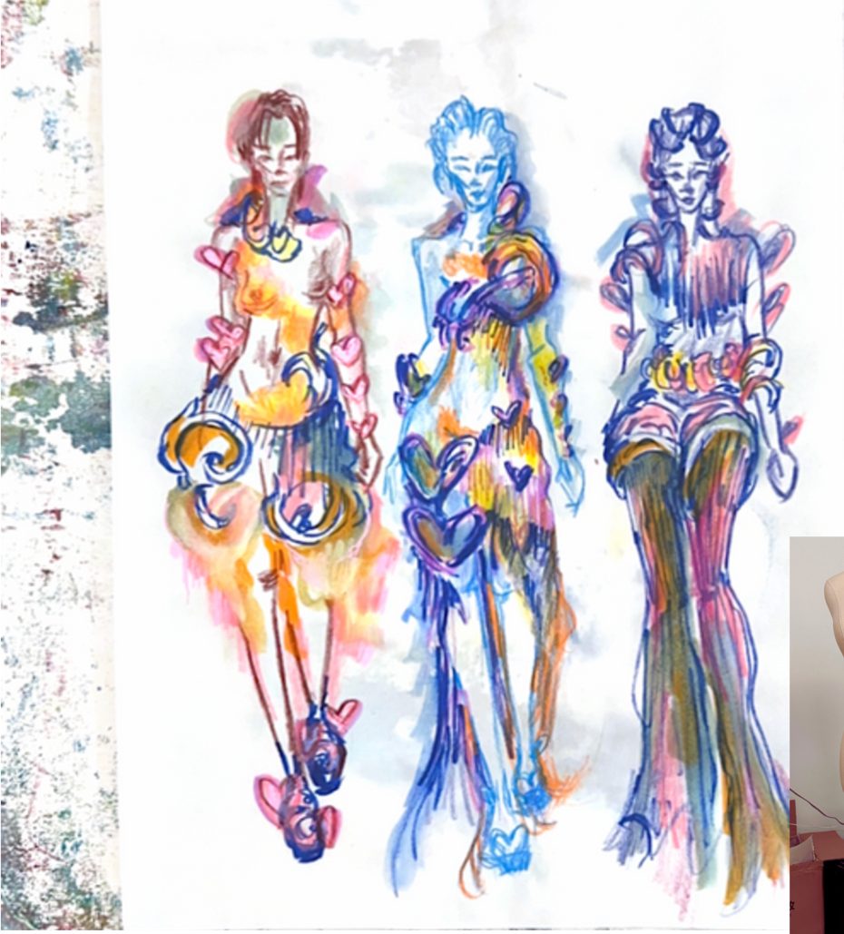 Three color figure sketches with a draped form