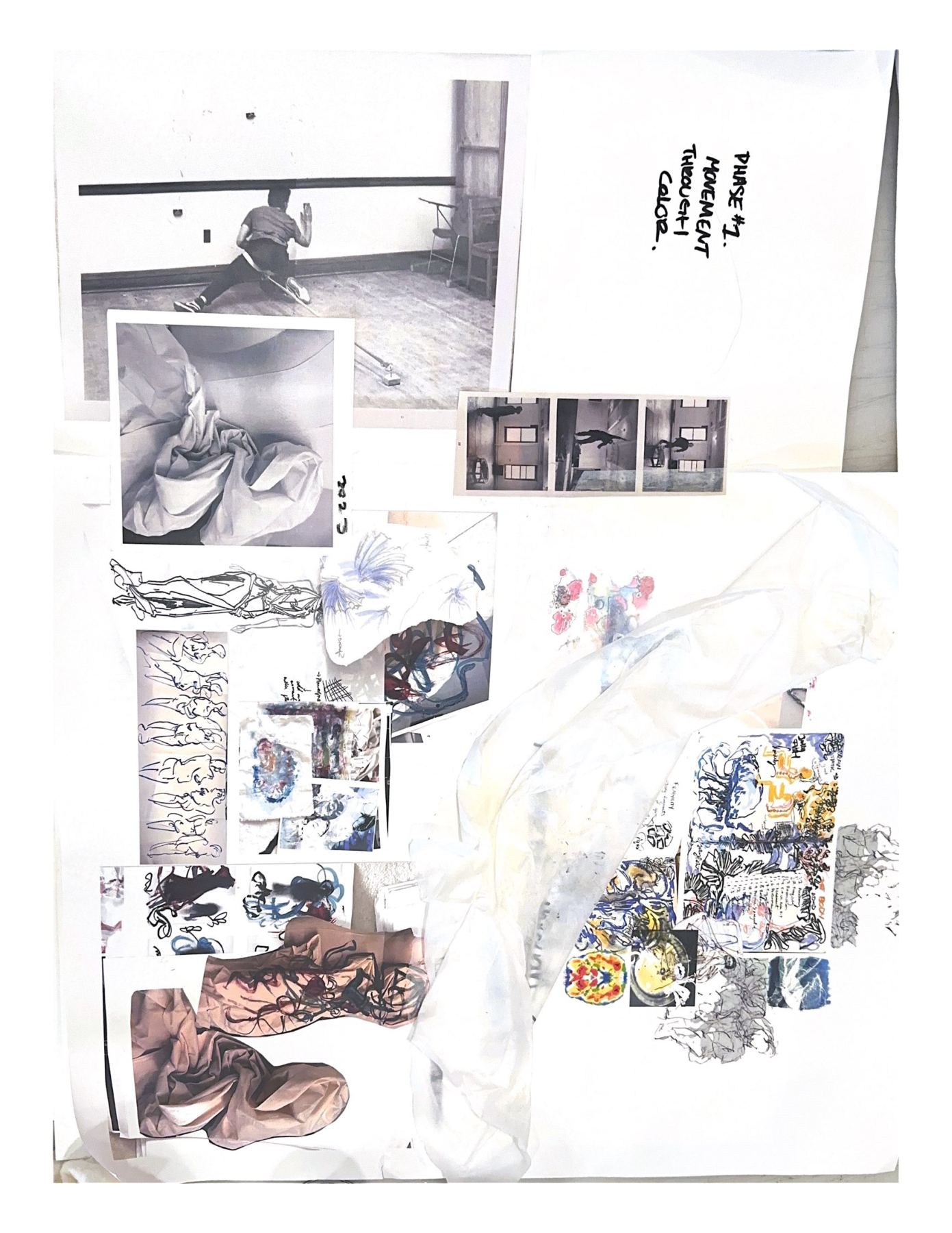 Collage of photographs, sketches and fabric