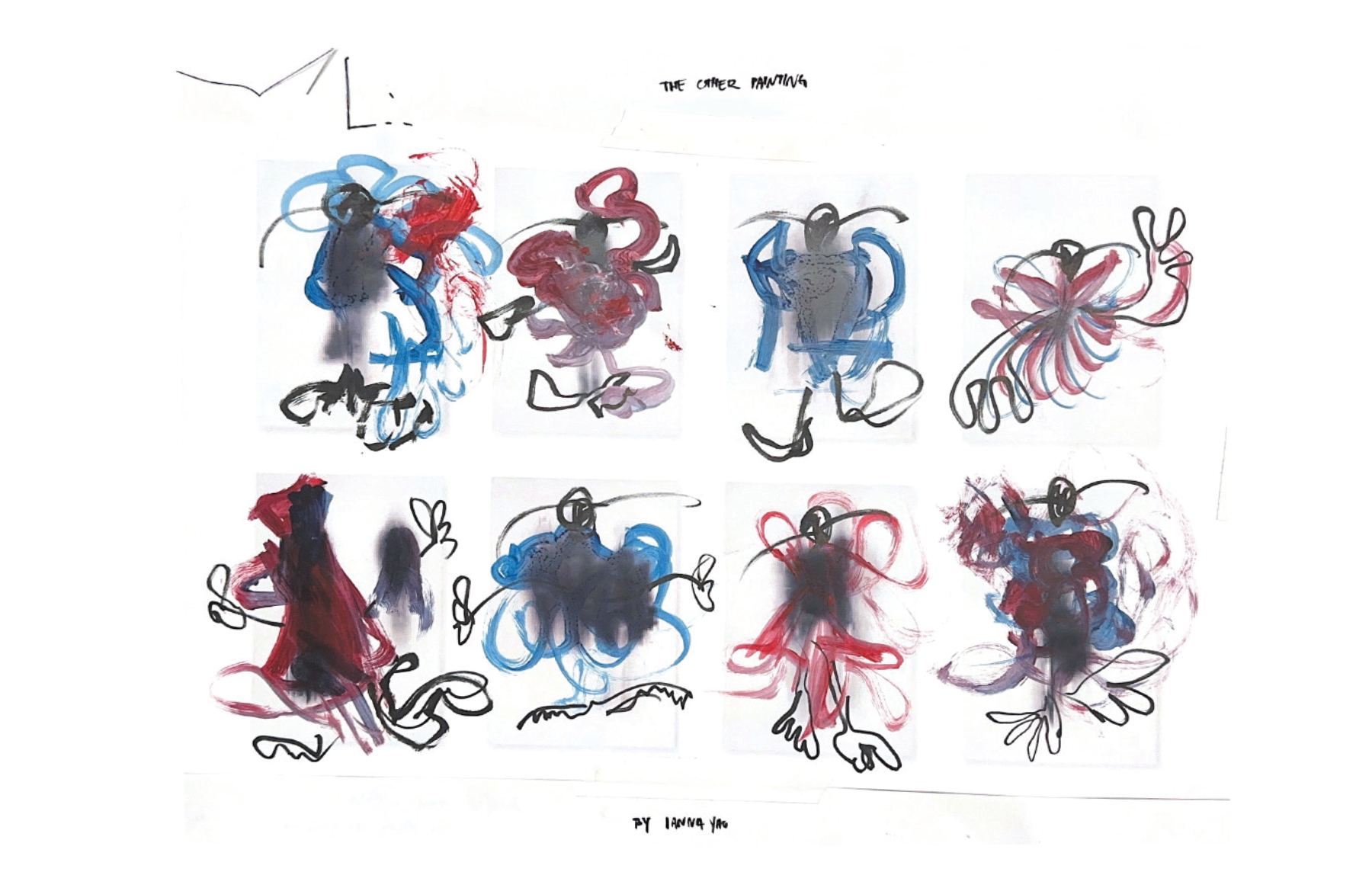 A row of blue and red figure sketches