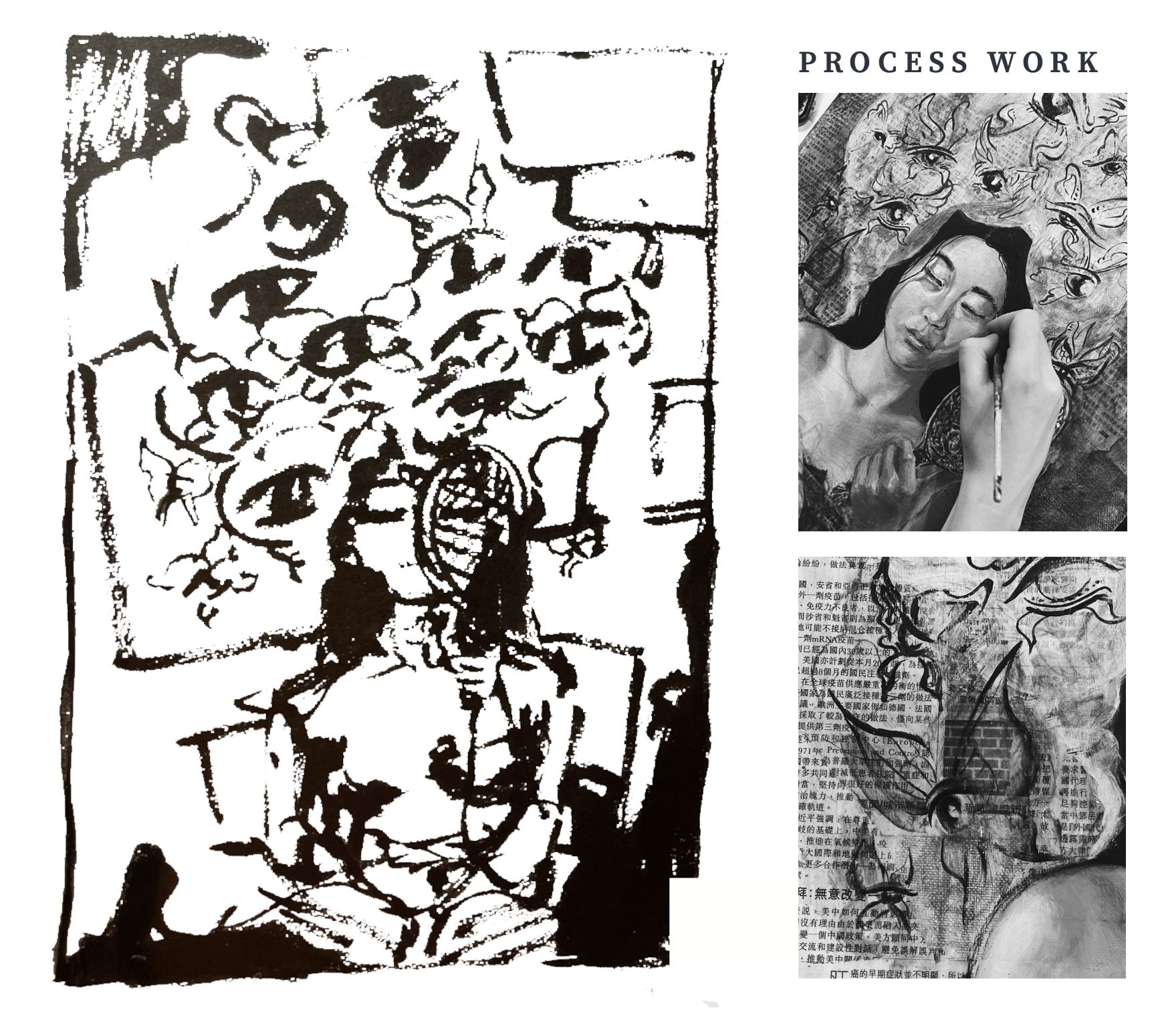 Black ink drawing of faces and eyes beside photographs